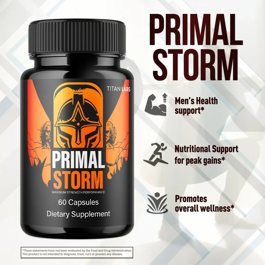 Primal Storm key benefits: men's health support, nutritional support for peak gains, promotes overall wellness